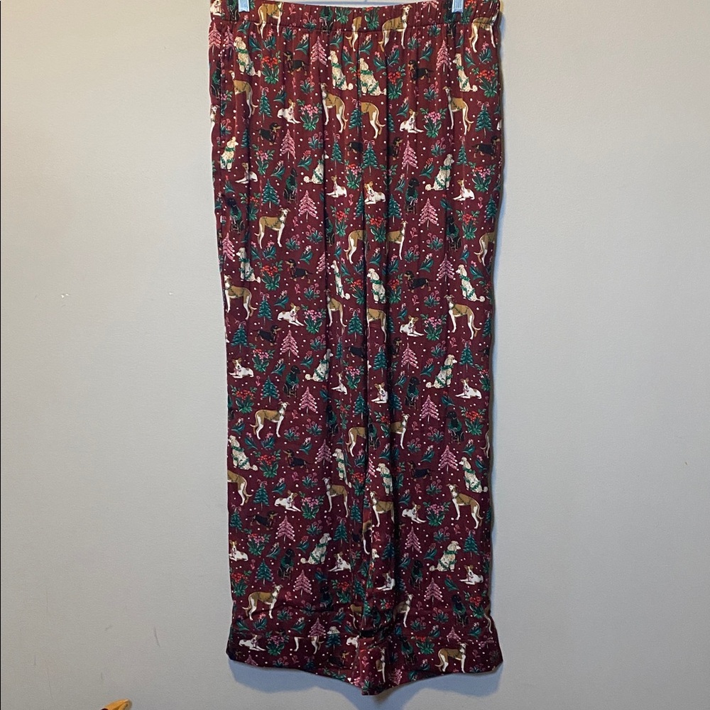 Lands End Pajama Set Women Large Burgundy Holiday Hounds Print Pull On Pant Tank - Picture 6 of 16